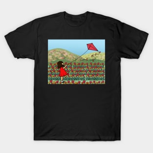 Young Girl Flying Kite Tulip Field Spring Season. T-Shirt